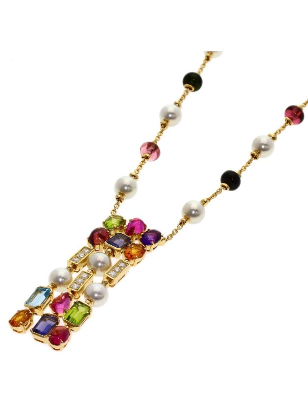 Bvlgari Allegra Multicolor Stone Pearl Diamond Necklace 18k Yellow Gold